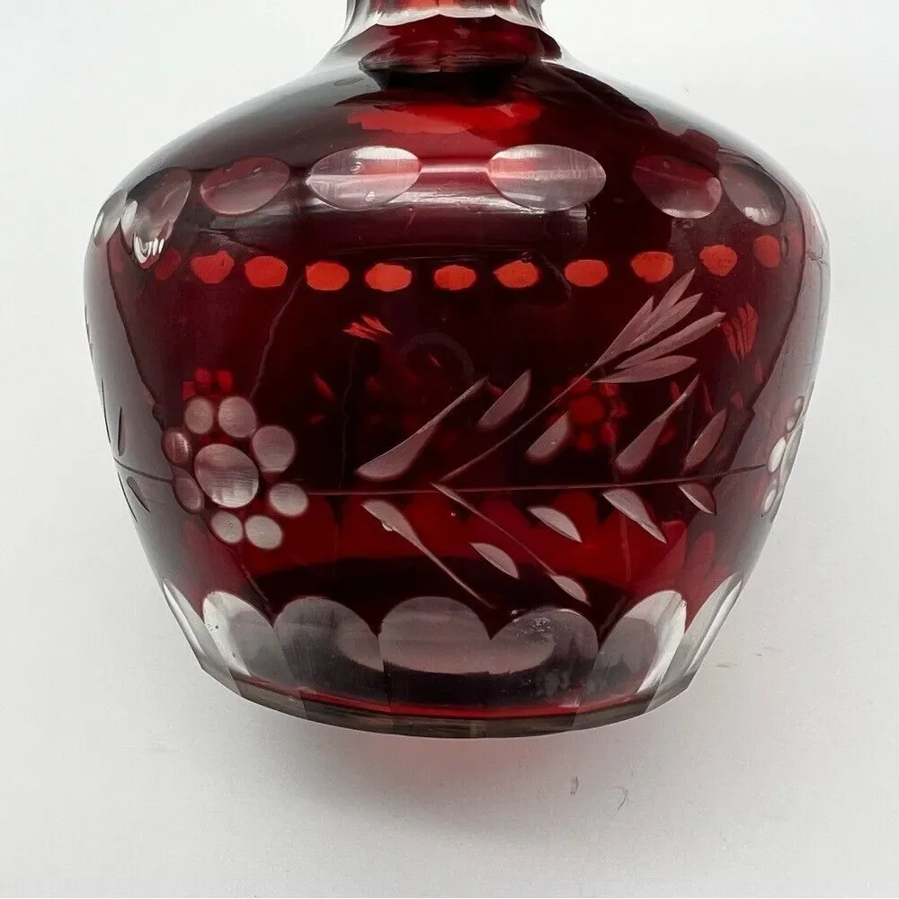 Vintage Czech Bohemian Ruby Red Cut To Clear Floral Etched Glass Decanter Vase